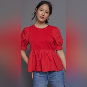 NEW Maeve by Anthropologie Carina Babydoll Top Red Puffed Sleeves XS
